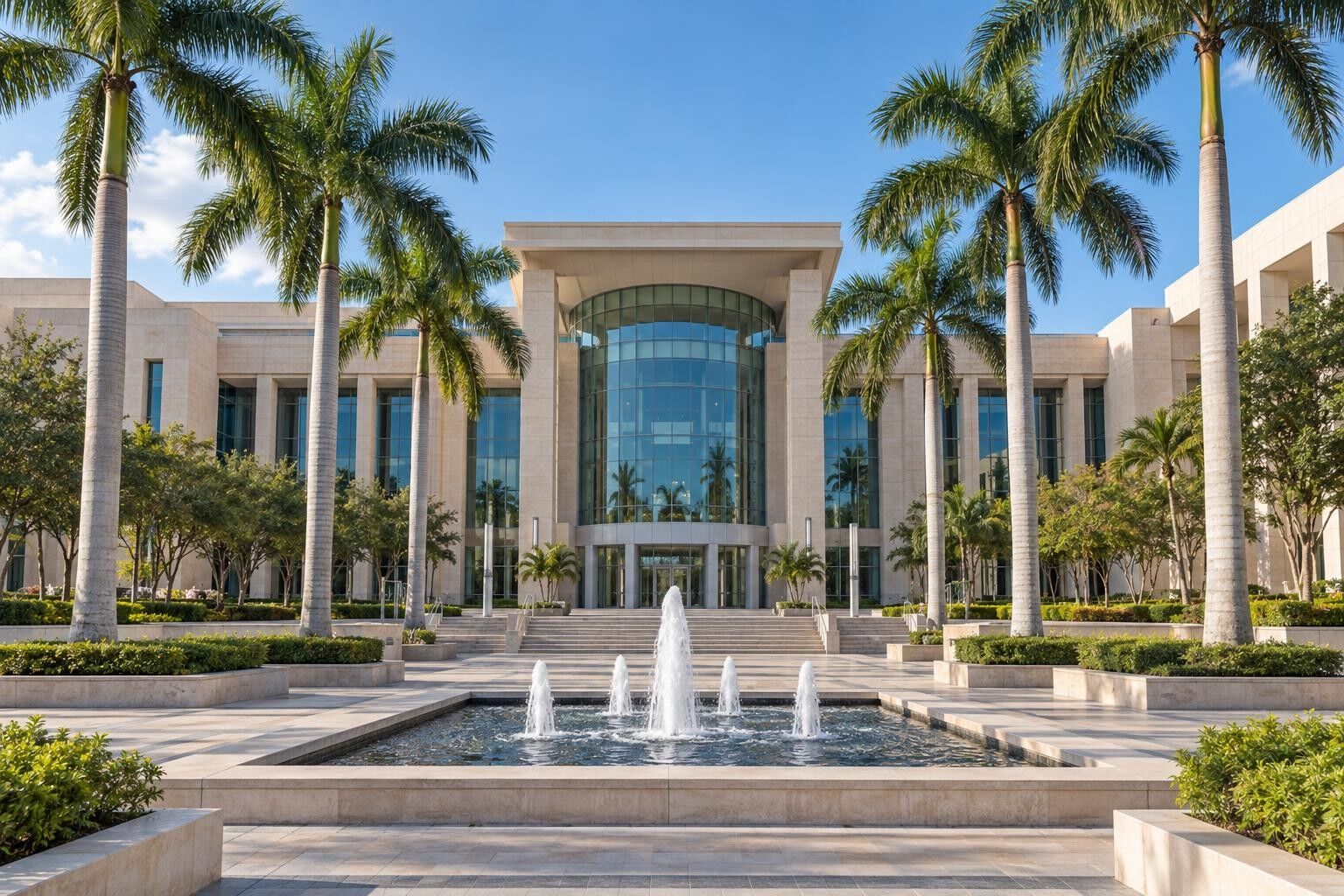 Civic building with palms and a plaza