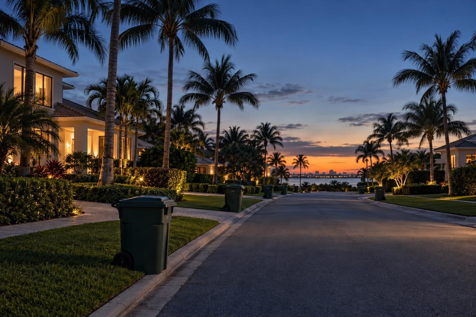 Quiet South Florida residential street at dusk