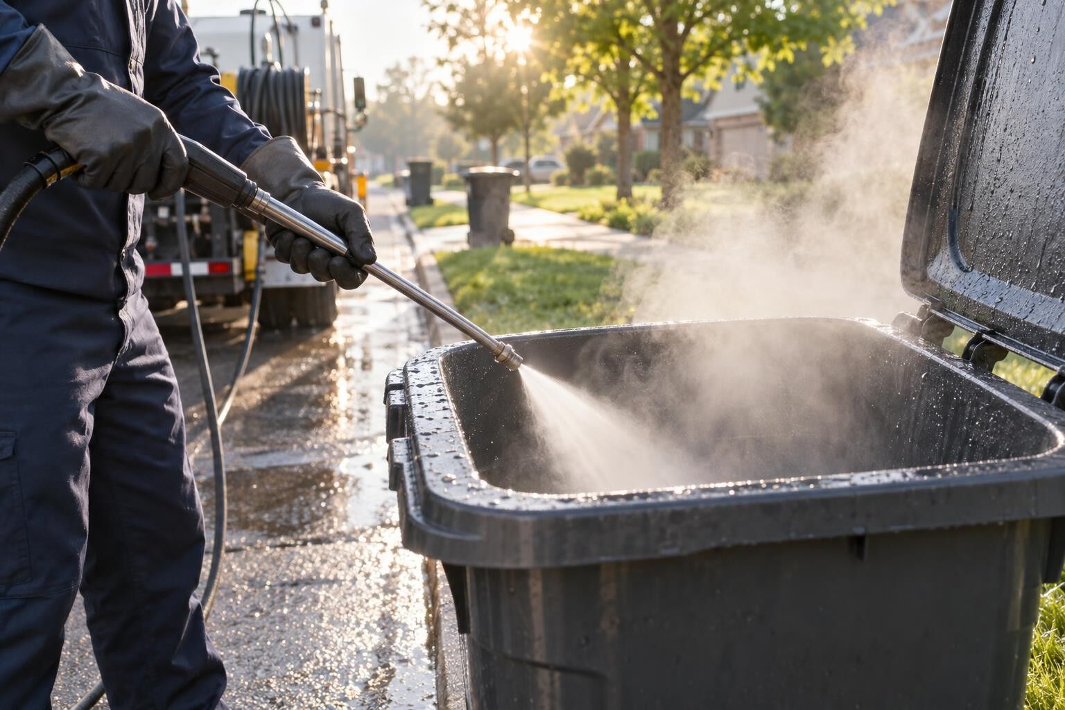 Cart being cleaned with high-pressure hot water at the curb