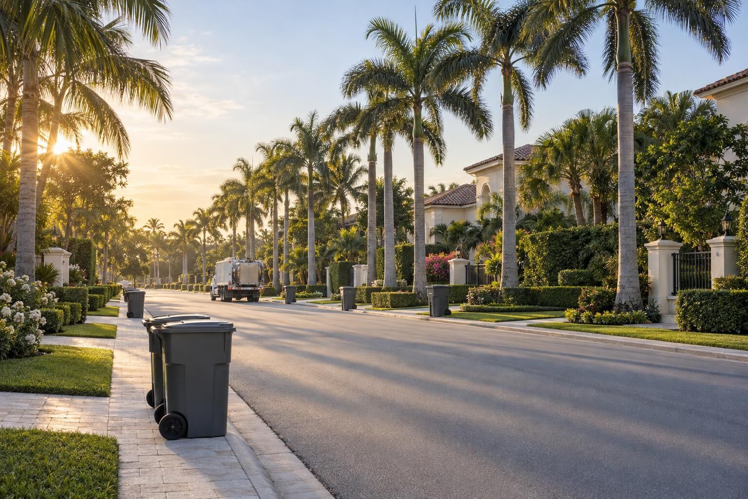 Residential street in a Palm Beach County community with carts at the curb at sunrise
